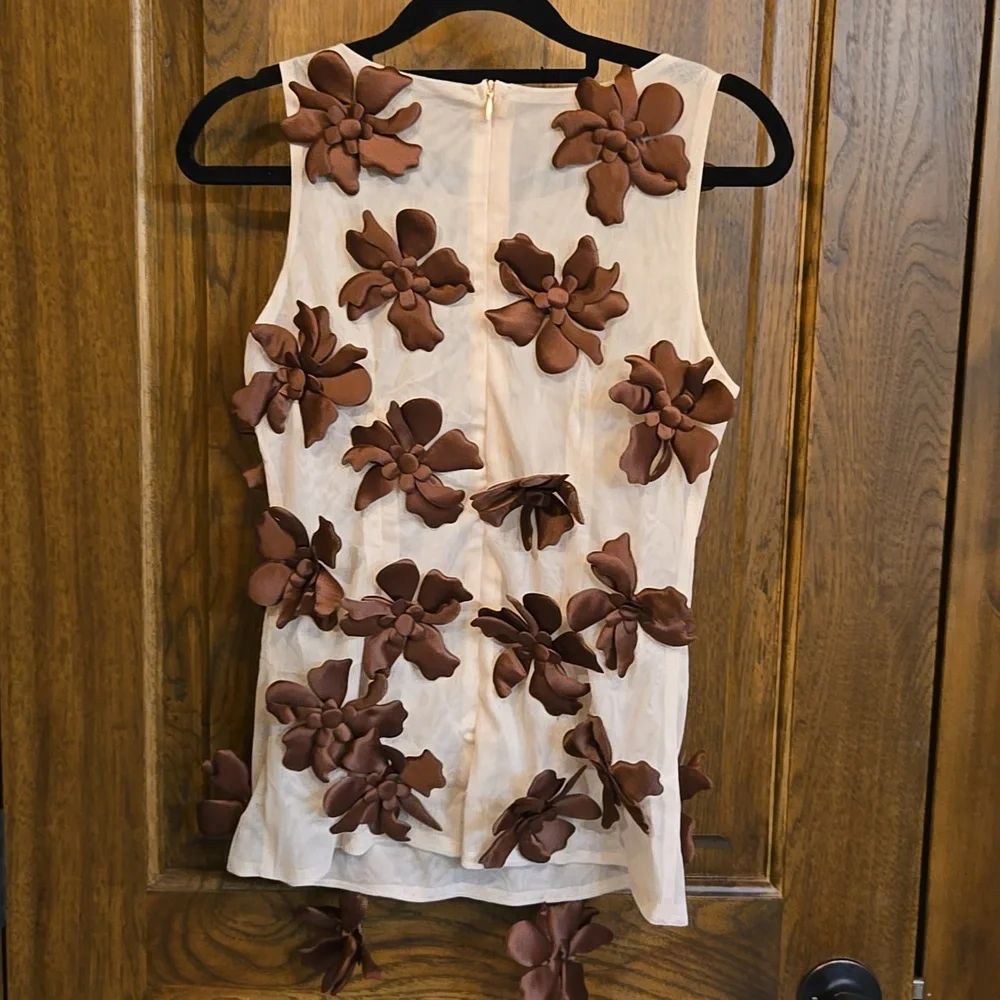 Floral Embellished Sleeveless Top - Cream and Brown - Picture 3 of 8